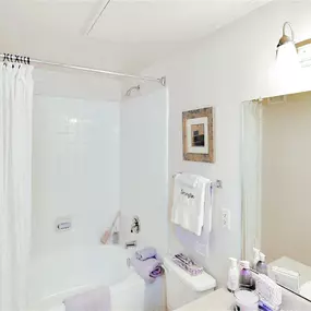 Bathroom view with tub, shower, and vanity