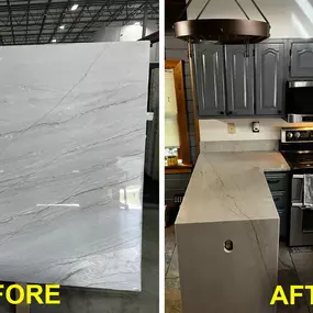 The countertop on the right started life as the slab of quartz on the left. It is Azzurra Bay Quartzite and once we measured and cut the material, you can see what the final product looked like. Are you looking to upgrade your kitchen's countertop? We can help. See our Facebook page for ideas.