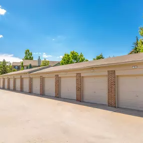 A row of garage doors are closed.