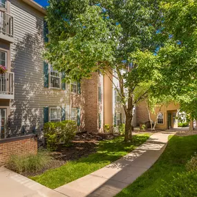 A tree-lined walkway leads to a building with a brick pillar.