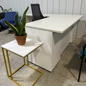 L Shape Desk with Left Return and Office Task Chair with side table and plant for decorations