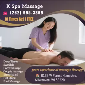 The full body massage targets all the major areas of the body that are most subject to strain and
discomfort including the neck, back, arms, legs, and feet. 
If you need an area of the body that you feel needs extra consideration, 
such as an extra sore neck or back, feel free to make your massage therapist aware and
they will be more than willing to accommodate you.