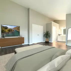 A modern living room with a flat screen TV and a sofa