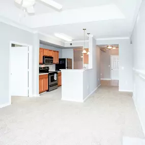 Carpeted spacious living room with a fireplace and a kitchen