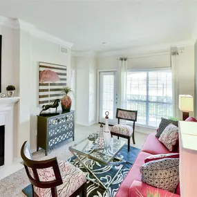 Well-lit living room with fire place
