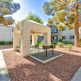 Exterior of apartment with courtyard and gazeebo