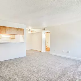 Bright living room with pass through kitchen