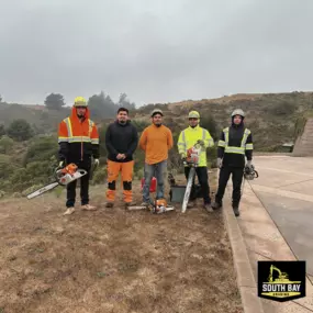 South Bay Grading Five South Bay Grading (SBG) crew members stand on a hillside shoulder wearing hi‑vis jackets, helmets, and PPE. Chainsaws and forestry tools are set on the ground as they prepare for vegetation clearing and site preparation before grading. Overcast skies with coastal foothills typical of the South Bay/Silicon Valley region. SBG logo appears in the bottom‑right corner.