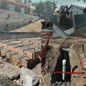 South Bay Grading Collage of South Bay Grading (SBG) residential projects: cut/fill and grading beside a retaining wall at a hillside home; street‑side excavation at a bungalow; formwork and poured concrete footings near a creek/rock slope; and a marked utility trench with green PVC sewer/storm line and cleanout. Highlights earthwork, utility installation, and foundation prep across South Bay, California.