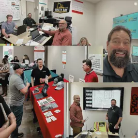 Shawn Dean Builders Exchange of Santa Clara South Bay Grading Collage showing South Bay Grading (SBG) personnel in multiple settings: office collaboration with laptops under the SBG logo, a smiling team member selfie, community/networking tables with brochures and hats, and a plan review/training session at a screen displaying site drawings. Emphasizes operator coordination, project planning, and local outreach in the South Bay/Silicon Valley area.
