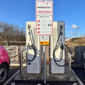 Dual InstaVolt EV charging units installed at McDonald’s in Bridgwater, Somerset. The photo shows two electric vehicles charging side by side, with bold signage and clear bay markings. This location provides easy access to rapid charging for drivers travelling along the A39 and Bristol Road.
