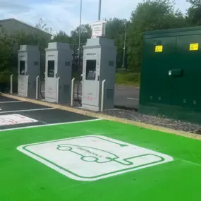 Clearly marked EV bays with ultra rapid InstaVolt chargers on Power Station Road, Rugeley.