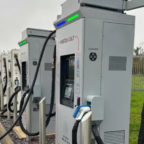 A row of InstaVolt ultra-rapid chargers ready for use at McDonald’s Colsterworth, ideal for quick and convenient EV charging near Grantham.