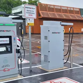 InstaVolt charging stations outside McDonald’s, with convenient parking and a clear layout for smooth charging.