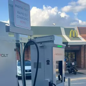 InstaVolt ultra-rapid chargers outside McDonald’s North Watford, offering convenient charging with clear signage and easy connectors, ideal for quick top-ups during dining breaks.