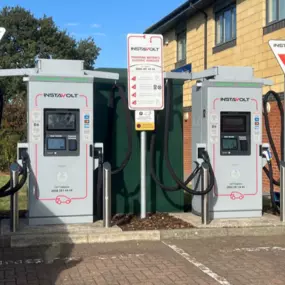 InstaVolt rapid electric vehicle chargers located at Bannatyne Health Club & Spa, Thornaby, featuring dual charging units with dedicated bays and visible signage for easy access.