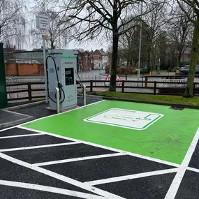 An InstaVolt charger located beside a clearly marked accessible EV bay, providing easy access for all drivers at McDonald’s Penn Road, Wolverhampton.
