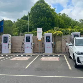 InstaVolt ultra-rapid EV chargers at Starbucks in Blaydon-on-Tyne, offering convenient charging in a leafy setting while you grab a coffee.