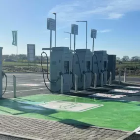 Wide-open InstaVolt charging bays in Bradwell with ultra-rapid chargers, offering easy drive-in access and plenty of space for EV users.