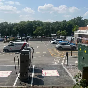 The image captures the rear view of InstaVolt’s EV charging units located at McDonald’s on Foxhole Road, Chorley.