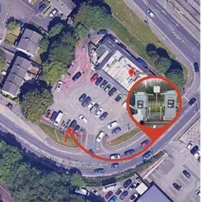 Satellite image of McDonalds Burnley with EV charging facilities, highlighting nearby businesses and accessible transport links in Burnley.
