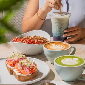 The perfect all day breakfast combo - new yorker toast, acai bowl, and lattes.