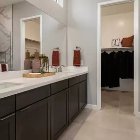 Lavish primary bathrooms with dual-sink vanity, walk-in shower, private water closet and large walk-in closet