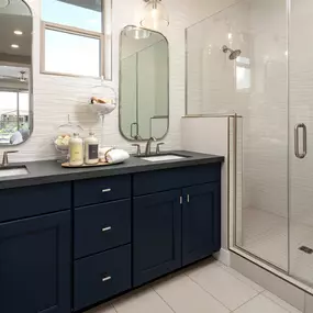 Beautiful primary bathroom with accent walls and glass shower door