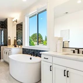 Luxe primary bathroom boasts dual vanities, a free-standing tub, and a large walk-in shower