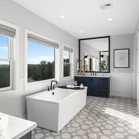 Spa-like primary bath with dual sink vanities, large shower with seat, and free-standing tub