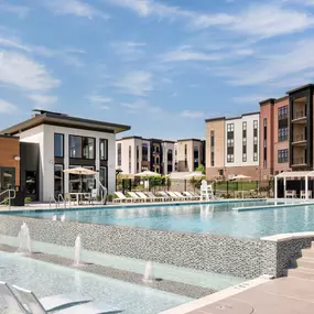 Swimming pool with sun deck and cabanas