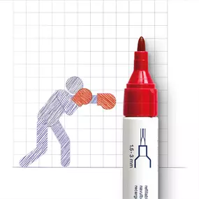 SW Kommunikation Kreatives Bild eines roten Markers, der eine Figur mit Boxhandschuhen illustriert, dynamische und spielerische Gestaltung