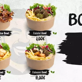 Menübild mit vier Bowls (Hähnchen Gemüse Bowl, Falafel Bowl, Haloumi Bowl, Faloumi Bowl) in braunen Pappschalen