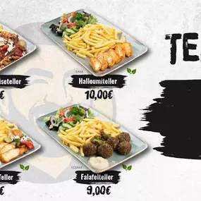 Rustikales Menübild mit vier Tellern: Hähnchen-Gemüseteller (10,00 €), Halloumiteller (10,00 €), Falafelteller (9,00 €) und Veggie-Mix-Teller (11,00 €).