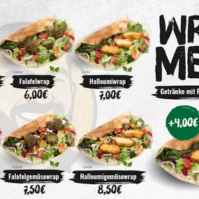 Wrap-Menü mit sechs Wrap-Varianten: Hähnchengemüse Wrap (6,00 €), Falafelwrap (6,00 €), Halloumiwrap (7,00 €), Gemüserap Veggie (6,00 €), Falafelgemüsewrap (7,50 €) und Halloumigemüsewrap (8,50 €)