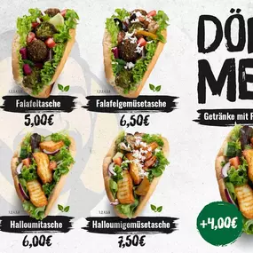 Döner-Menü mit sechs Varianten: Gemüsedöner (5,00 €), Falafeltasche (5,00 €), Falafelgemüsetasche (6,50 €), Gemüsetasche (5,00 €), Halloumitasche (6,00 €) und Halloumigemüsetasche (7,50 €).