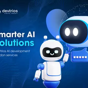 Devtrios AI development London – friendly AI robots representing smart artificial intelligence solutions for business
