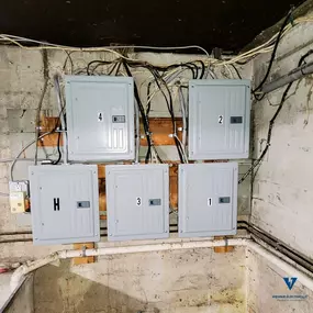 Indoor electrical panel upgrade with multiple breaker boxes installed by Wehrle Electric – serving Northern Kentucky & Cincinnati homeowners.
