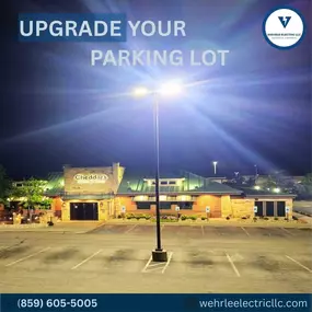 Bright parking lot lighting upgrade at Cheddar’s restaurant completed by Wehrle Electric LLC, licensed electricians serving Covington KY and nearby cities.