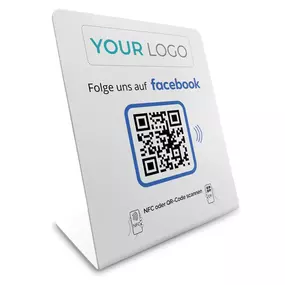 Individuell gestaltbarer Facebook Follower Booster mit eigenem Logo, NFC Tag und QR Code. Kundinnen und Kunden können dein Facebook Profil oder deine Seite sofort öffnen und folgen, einfach durch Scannen oder Tippen. Ideal für Geschäfte, Restaurants,