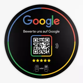 Google Review Booster zum Kleben mit integriertem NFC Tag und QR Code, bereits auf dein Unternehmen vorprogrammiert. Kundinnen und Kunden können mit einem Scan direkt zur Google Bewertungsseite gelangen und eine Bewertung abgeben – ganz ohne zusätzlic