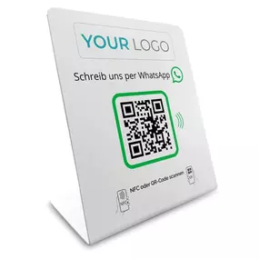 WhatsApp Direct Connect Display mit eigenem Logo, NFC Tag und QR Code. Kundinnen und Kunden können mit einem Scan oder Tippen direkt eine WhatsApp Nachricht an dein Unternehmen senden. Ideal für Kontaktaufnahme, Anfragen und Support ohne Umweg.