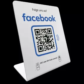 Facebook Follower Booster Display mit NFC Tag und QR Code. Kundinnen und Kunden können mit einem Scan oder Tippen direkt deine Facebook Seite oder dein Profil öffnen und folgen. Ideal für Shops, Cafés, Studios und Dienstleistungsbetriebe, die ihre Fac