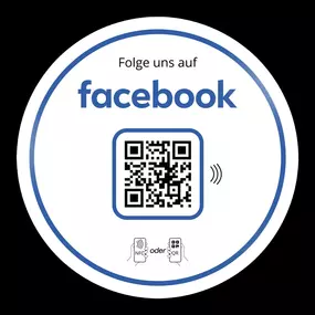 Facebook Follower Booster Aufkleber mit NFC Tag und QR Code (10 cm). Kundinnen und Kunden können mit einem Scan oder Tippen direkt deine Facebook Seite öffnen und folgen. Ideal für Schaufenster, Theken oder Fahrzeuge.