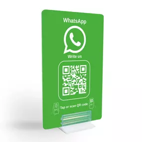 WhatsApp Direct Connect Display mit integriertem NFC Tag und QR Code. Kundinnen und Kunden können mit einem Scan oder Tippen direkt eine WhatsApp Nachricht an dein Unternehmen senden, ohne Nummer manuell eingeben zu müssen.
