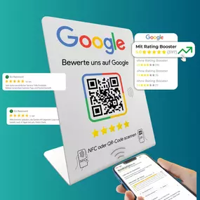 Eleganter Google Bewertungsaufsteller mit integriertem NFC Tag und QR Code. Kundinnen und Kunden können dein Unternehmen mit einem einzigen Scan direkt auf Google bewerten. Keine App nötig, keine Suche. Ideal für Geschäfte, Restaurants, Studios und Di