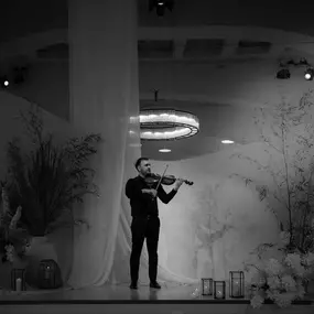 dunkelgoldmusik | Hochzeits- und Veranstaltungsmusik Musiker mit Viola sorgt für festliche Stimmung in stilvoll dekorierter Hochzeitslocation. Foto von Christine Ladehoff.