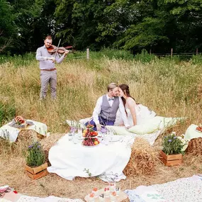 dunkelgoldmusik | Hochzeits- und Veranstaltungsmusik Hochzeit im Grünen mit Geigenmusik und romantischem Picknick für das Brautpaar. Foto von Corinna Radakovits.