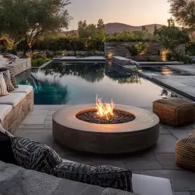 Fire pit with lounge seating, pool and decking