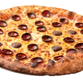 A delicious pizza with cheese and cup n char pepperoni